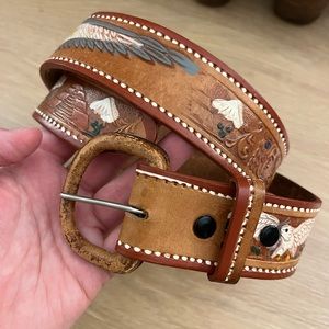 Vintage 33-35” hand painted tan leather belt with eagle and pyramid motif